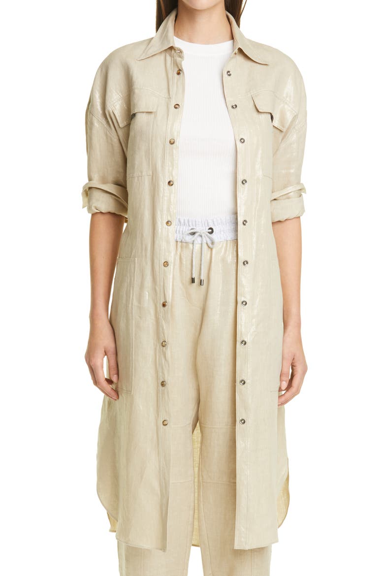 Metallic Linen Long Sleeve Shirtdress, Main, color, PLATINO