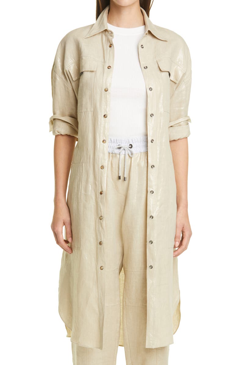 Brunello Cucinelli Metallic Linen Long Sleeve Shirtdress, Main, color,