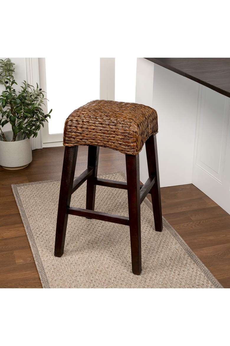 Maui Hyacinth/Wood Backless Stool, Woven Seat with Natural Wood Frame, Alternate, color, Dark Brown (29.5" Bar Stool)