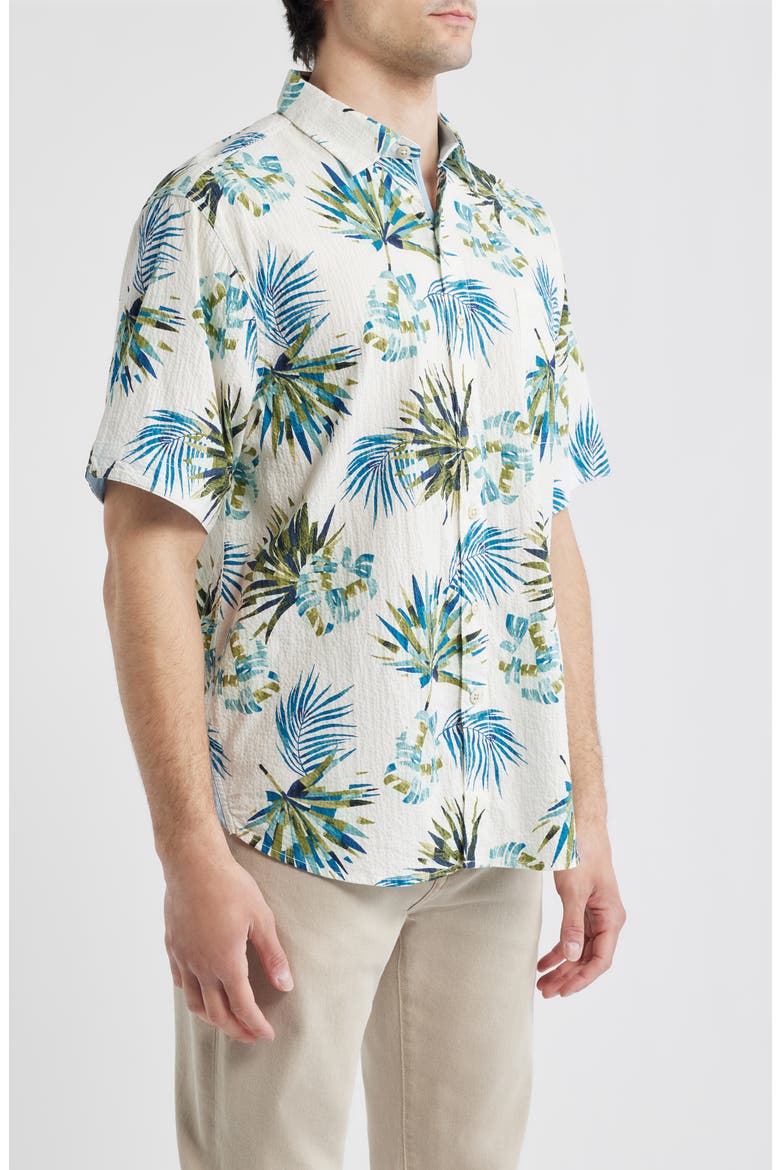 Nova Wave Frond Mosaic Short Sleeve Seersucker Button-Up Shirt, Alternate, color, WHITE