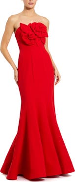 Mac Duggal Crepe Strapless Mermaid Gown With 3D Flowers