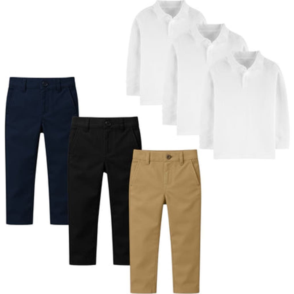 Benben Kids Back To School Uniform Set 3 Long Sleeve Polo Shirts & 3 Pants Bundle In White