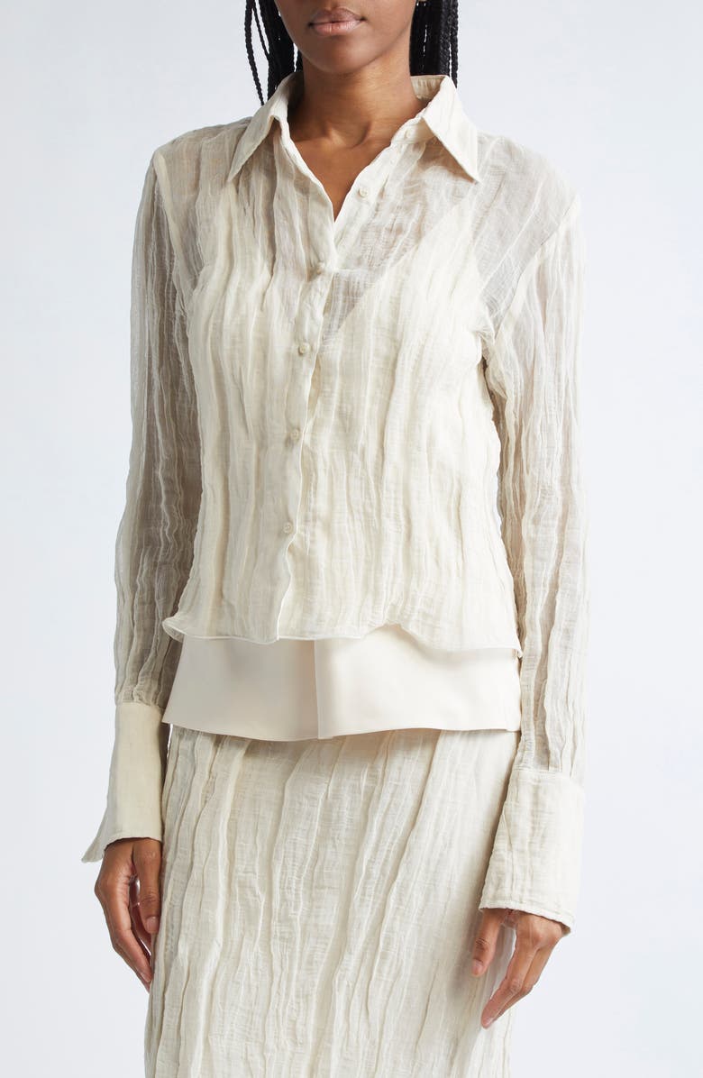 Brandon Maxwell The Billie Crinkle Metallic Organza Button-Up Shirt, Alternate, color, Oyster