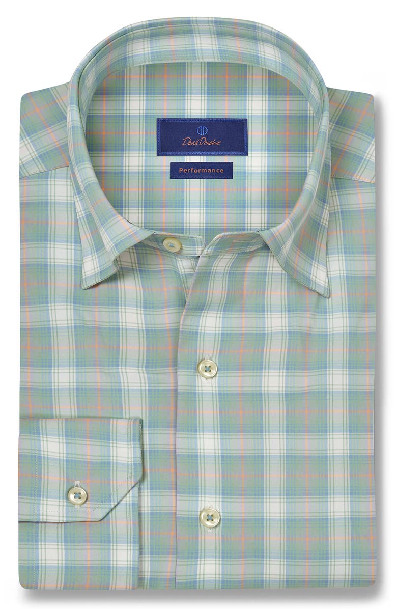 David Donahue Plaid Print Performance Sport Shirt, Main, color, Sky/ Multi