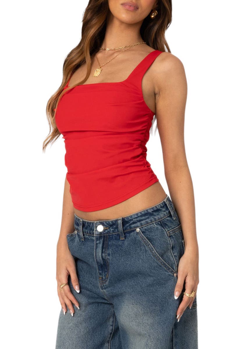 EDIKTED Rio Ruched Square Neck Tank Top, Alternate, color, Red