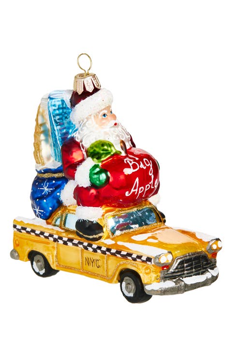 Santa Claus in NYC Taxi Cab Glass Ornament