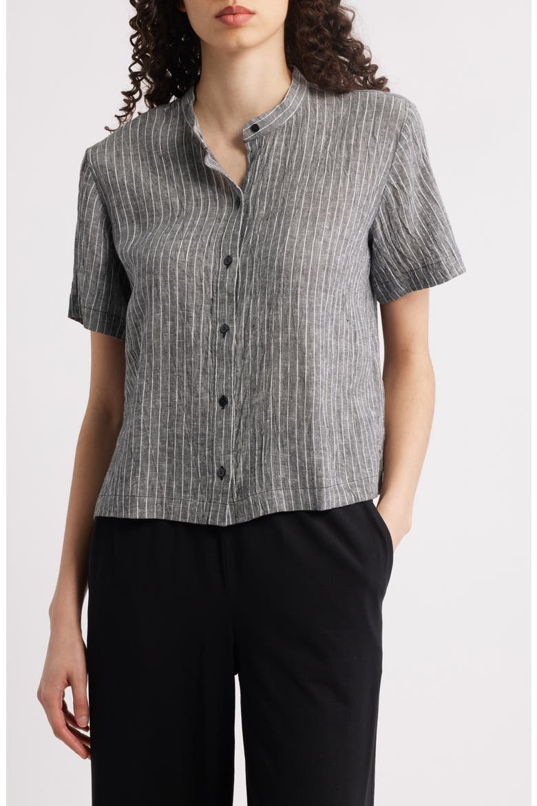 Mandarin Collar Organic Linen Button-Up Shirt, Main, color, BLACK/ WHITE