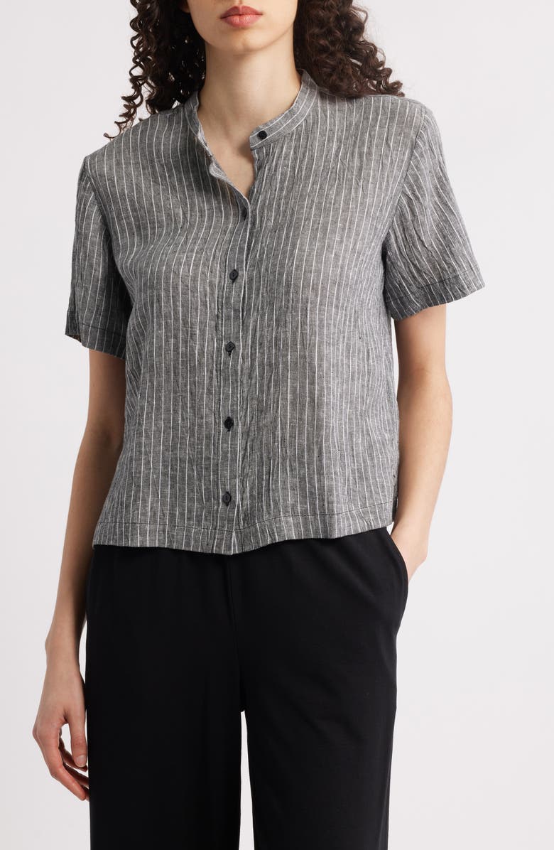 Eileen Fisher Mandarin Collar Organic Linen Button-Up Shirt, Main, color,