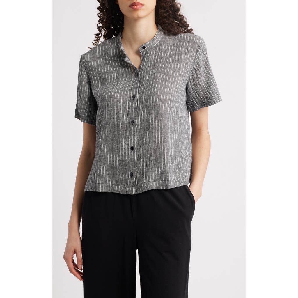 Eileen Fisher Mandarin Collar Organic Linen Button-up Shirt In Black/white