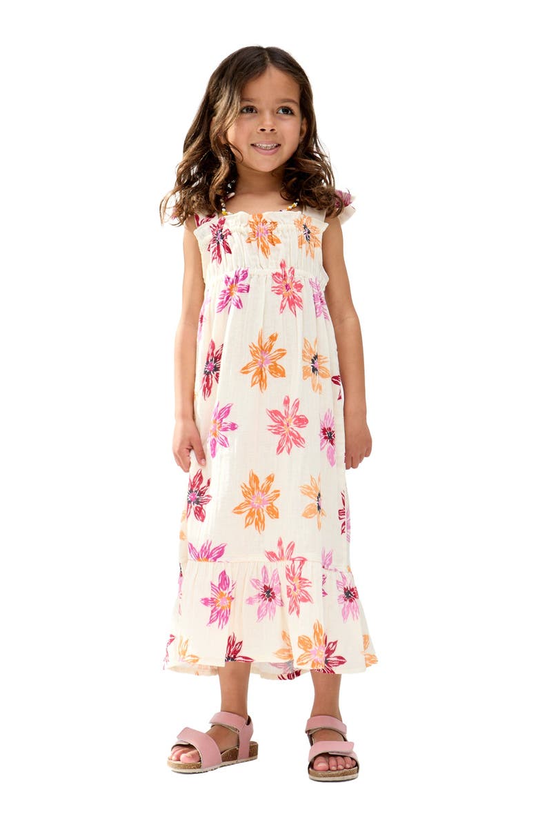 Raffya Kids Flora Gathered Hand Drawn Floral Print Dress, Alternate, color, Ecru