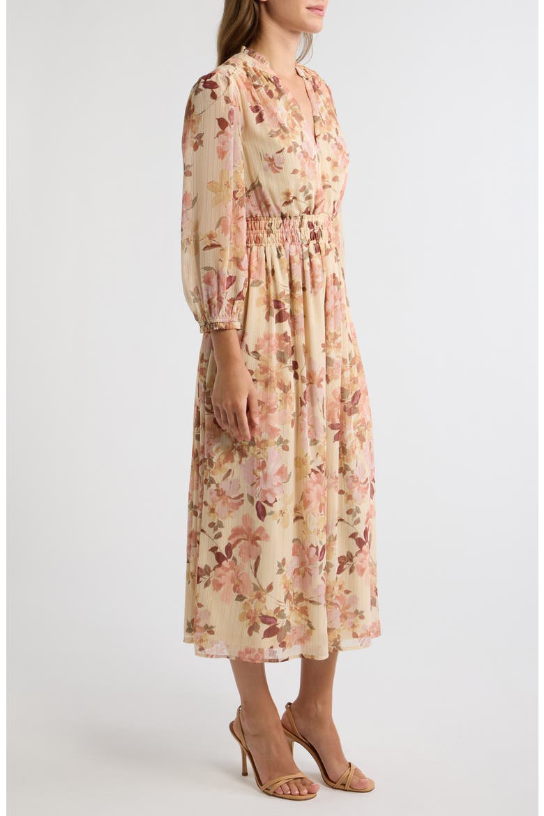 Smocked Waist Ruffle Trim Midi Dress, Alternate, color, MACADAMIA MULTI