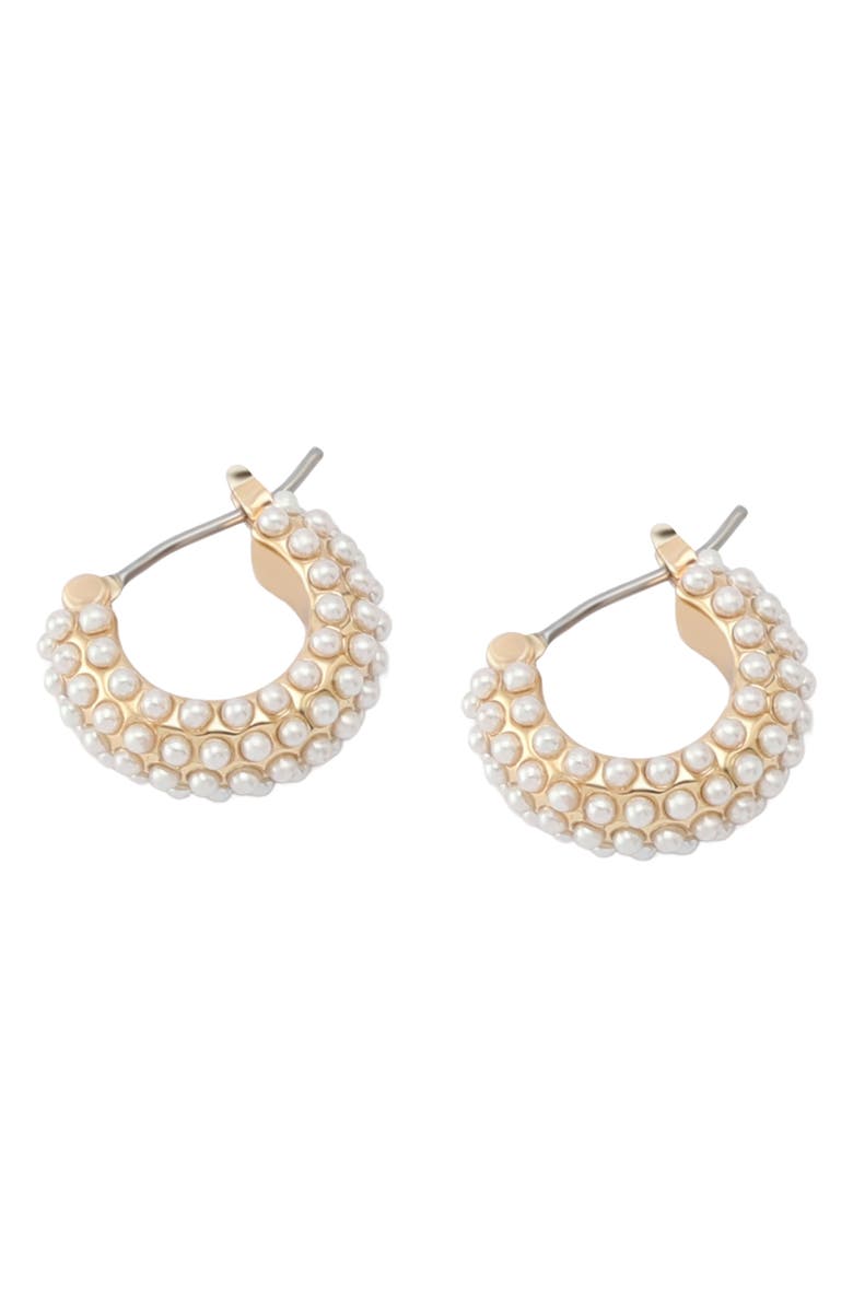 AllSaints Faux Pearl Huggie Hoop Earrings, Alternate, color, Gold/ White