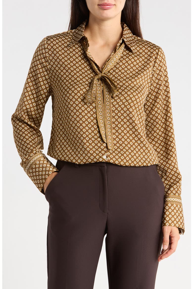 Satin Tie Neck Button-Up Shirt, Main, color, BRONZE SMALL FLORETTE STAMPS