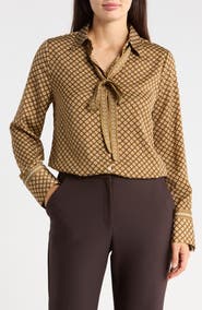 MAX STUDIO Satin Tie Neck Button-Up Shirt