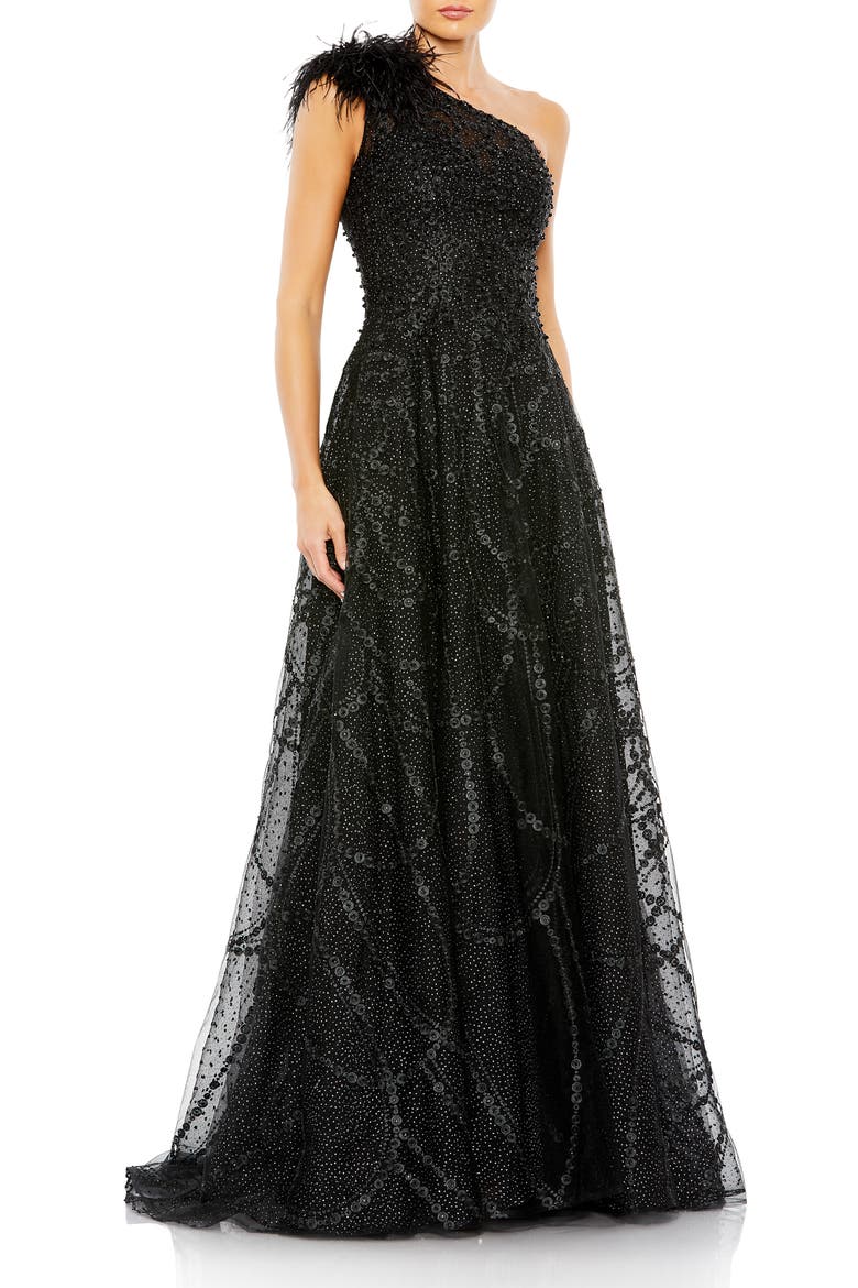 Embellished One-Shoulder A-Line Gown with Feather Accent, Main, color, BLACK