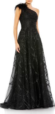 Mac Duggal Embellished One-Shoulder A-Line Gown with Feather Accent
