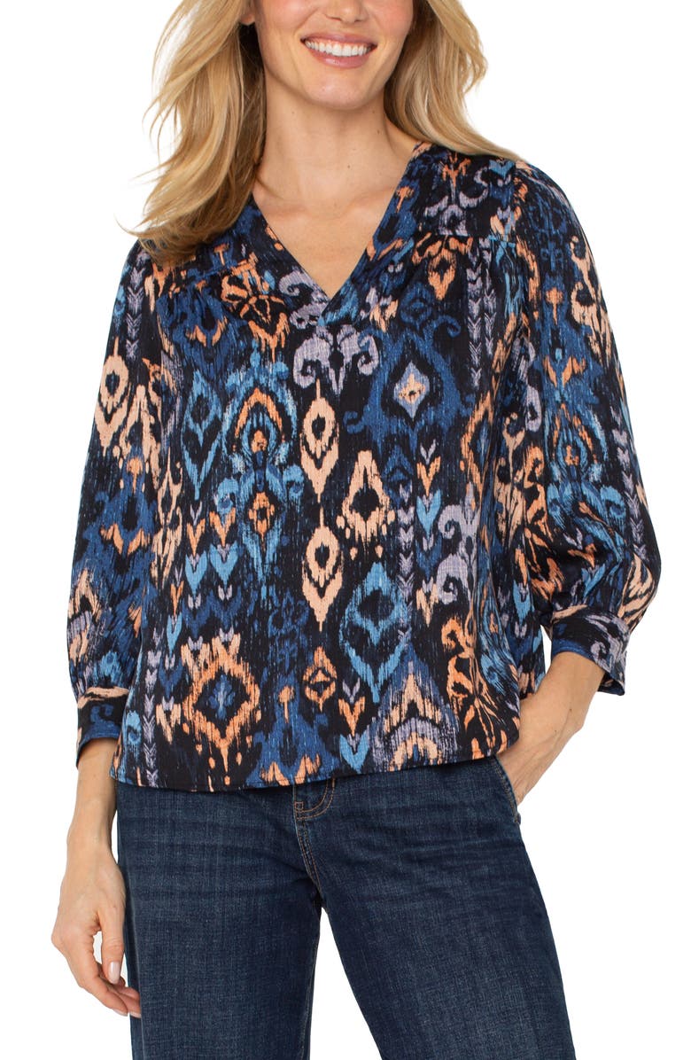 Liverpool Los Angeles Ikat V-Neck Top, Main, color, Blue Multi Ikat