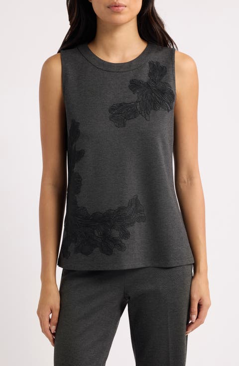 Floral Appliqu Crewneck Shell