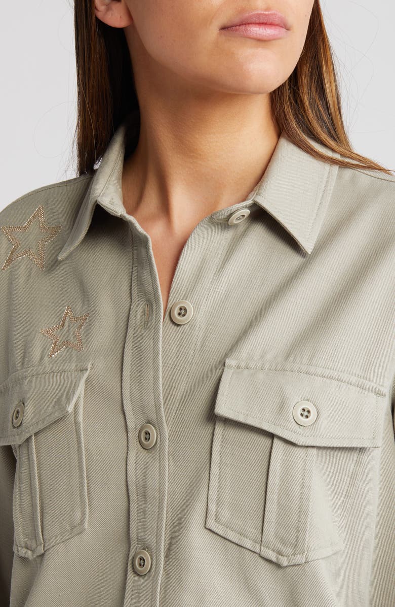 Rails Loren Star Embroidered Raw Hem Twill Shirt Jacket, Alternate, color, Sage Metallic Stars