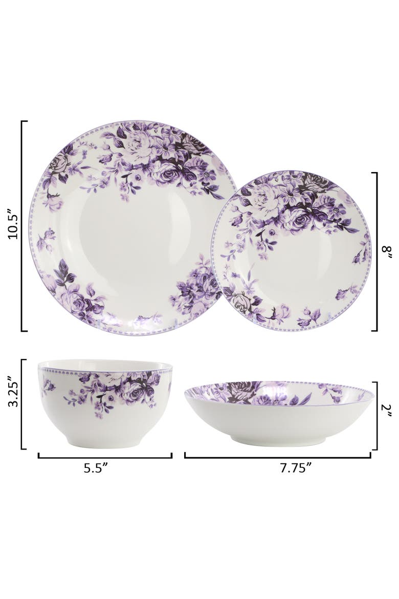 Traditional Purple Rose 24 Piece Porcelain Double Bowl Dinnerware Set, Alternate, color, Purple
