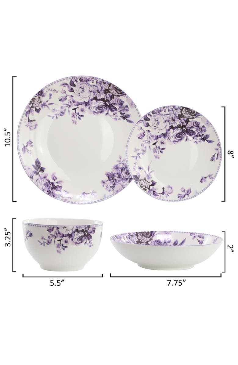 Elama Traditional Purple Rose 24 Piece Porcelain Double Bowl Dinnerware Set, Alternate, color, Purple