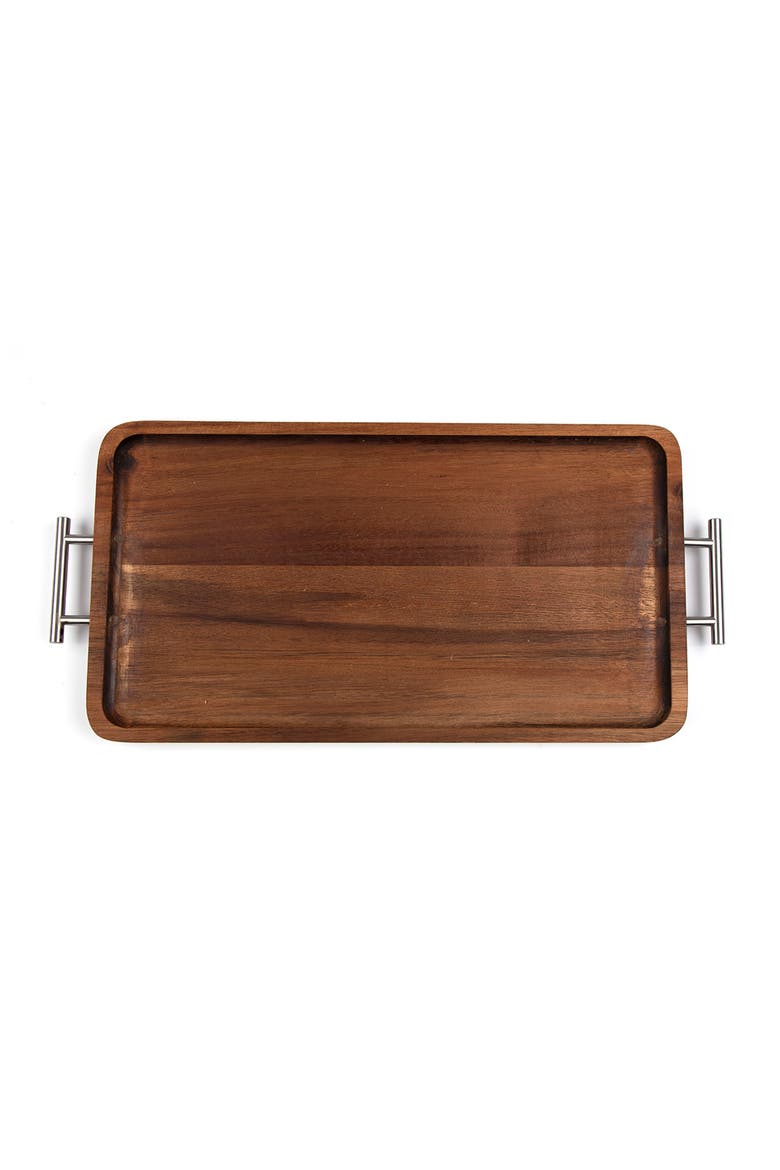 Acacia Wooden Serving Tray with Handles, Main, color, SILVER