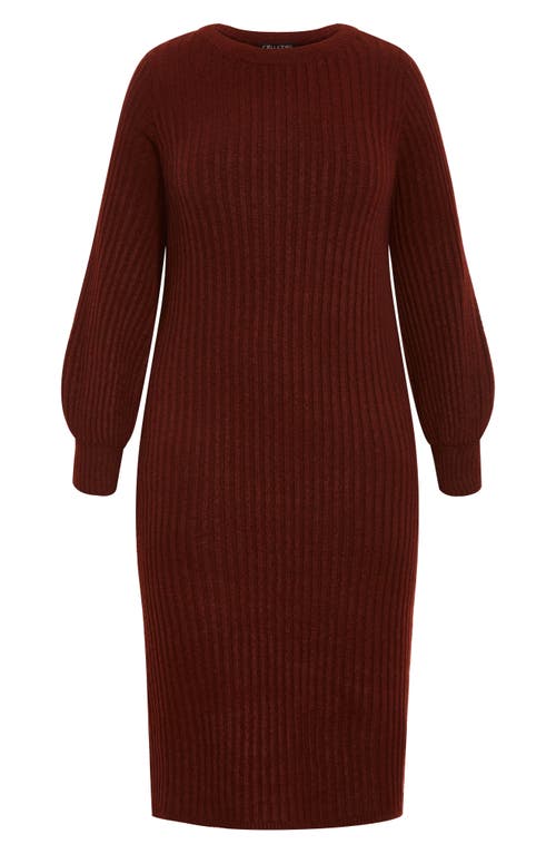 City Chic Saskia Long Sleeve Rib Sweater Dress In Merlot