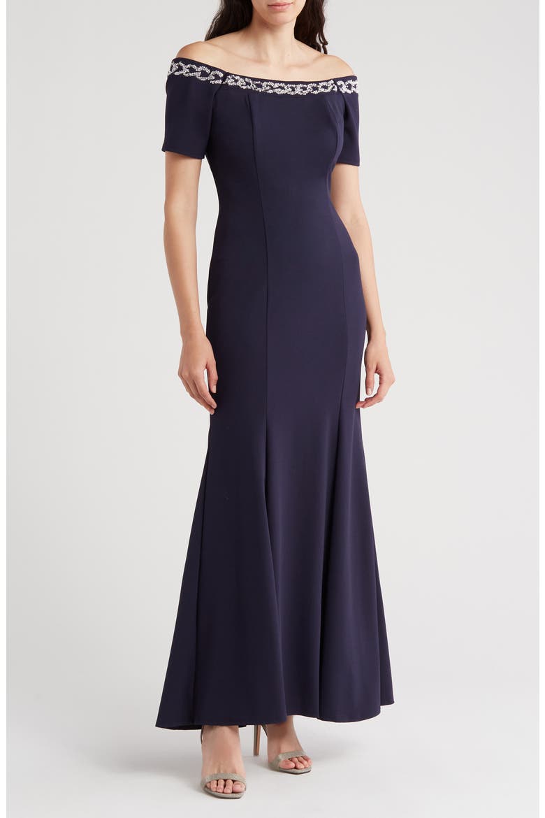 Beaded Off-the-Shoulder Short Sleeve Trumpet Gown, Main, color, NAVY