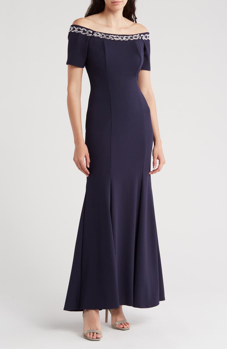 Marina Beaded Off-the-Shoulder Short Sleeve Trumpet Gown, Main, color, Navy