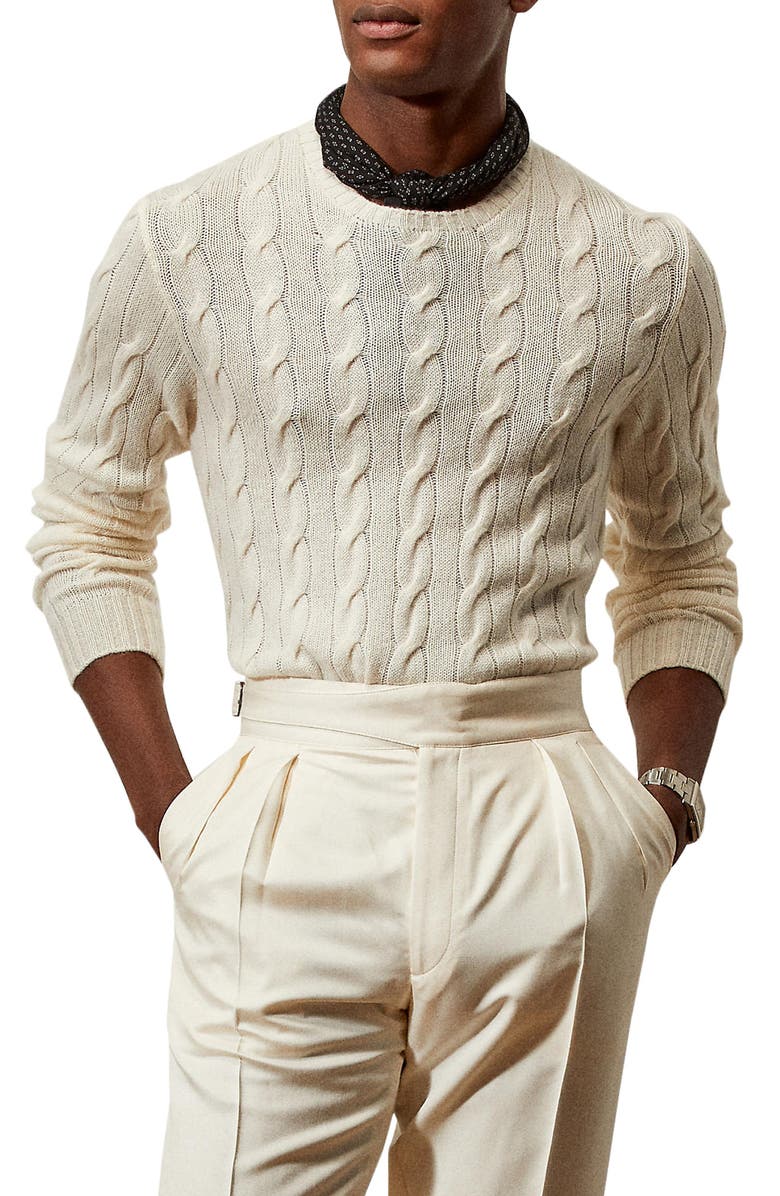Ralph Lauren Purple Label Cable Knit Cashmere Sweater, Main, color, Classic Cream
