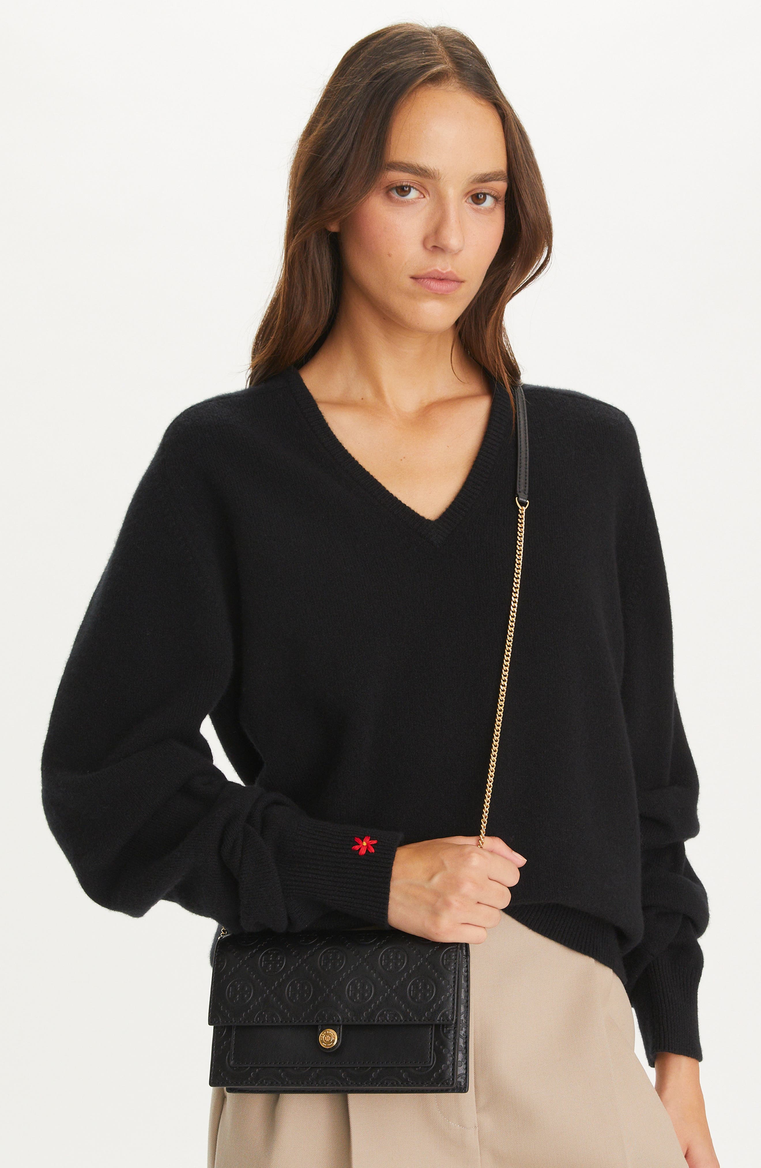 T Monogram Leather Crossbody, Alternate, color, BLACK