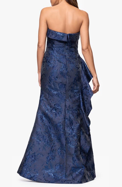 Xscape Evenings Strapless Ruffle Brocade Gown In Blue