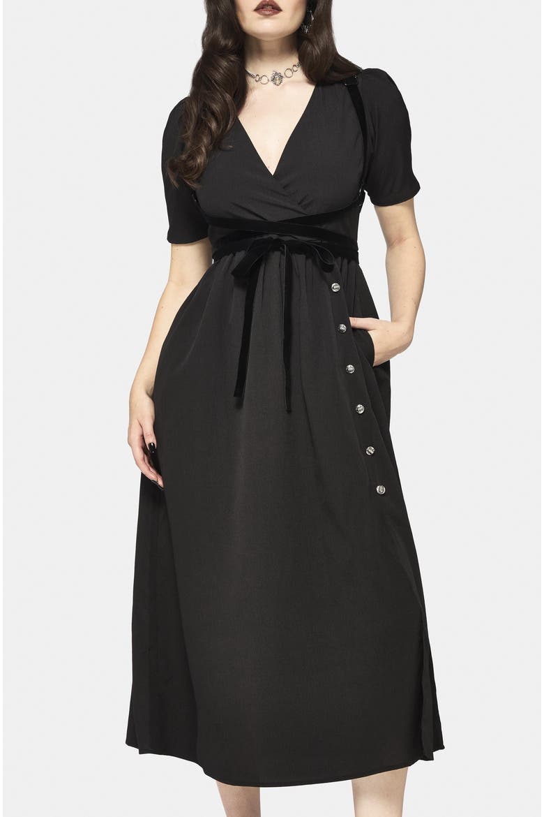 Brae Wrap Centipede Button Midi Dress, Alternate, color, Black