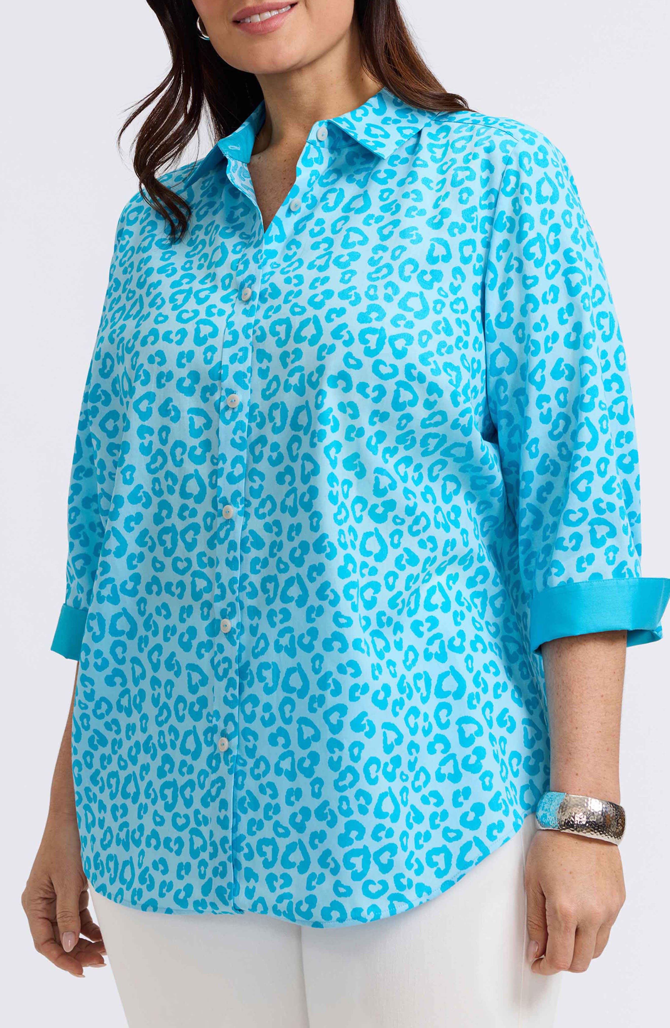 FOXCROFT FOXCROFT MARGIE LEOPARD PRINT THREE-QUARTER SLEEVE COTTON BUTTON-UP SHIRT