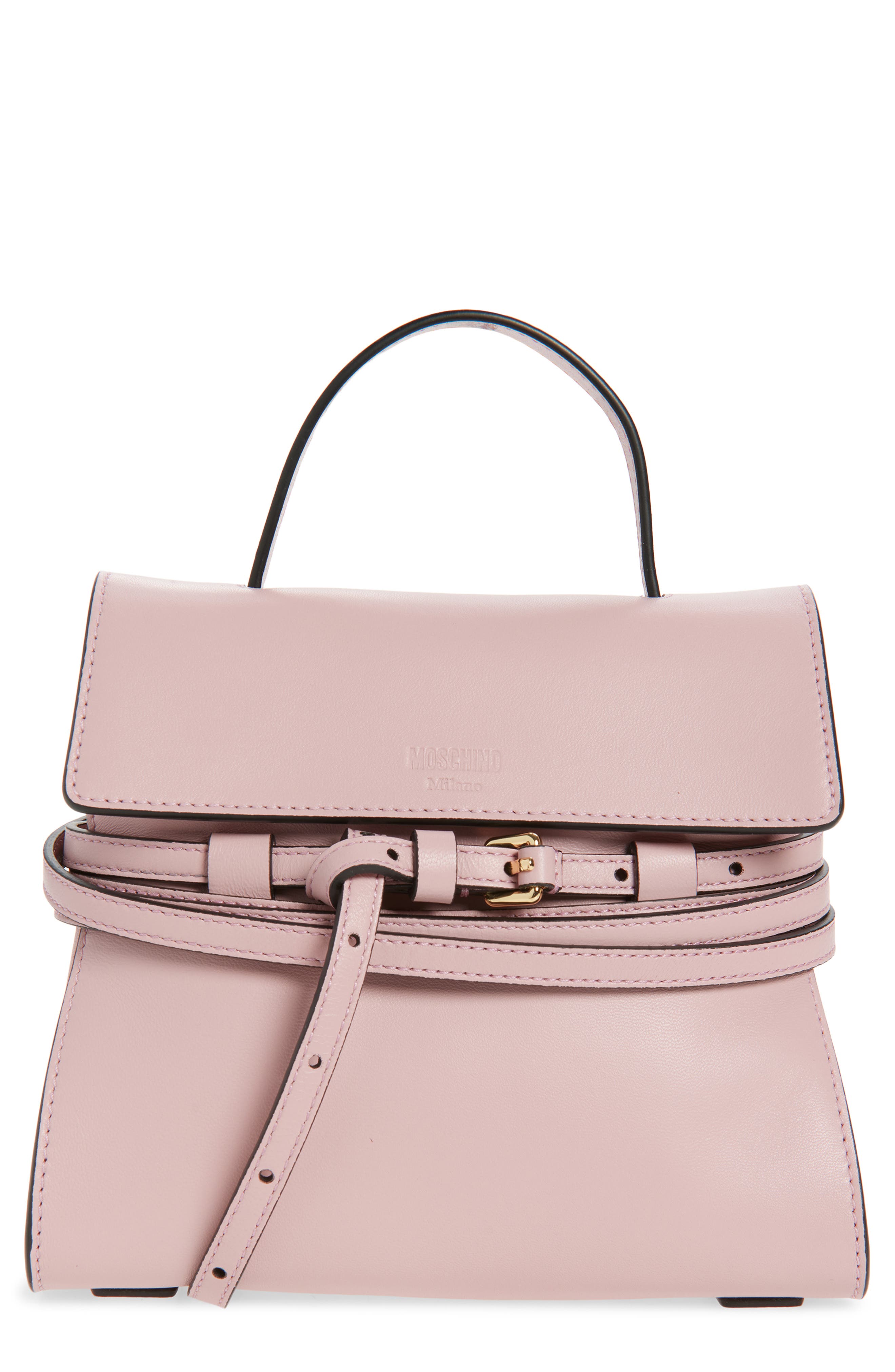 Moschino Small Tie Me Leather Top Handle Bag, Main, color, Pink