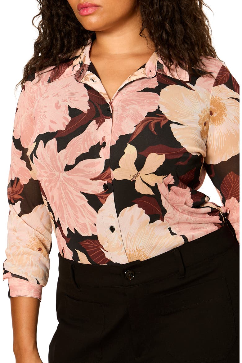 Fitted Mesh Button-Up Shirt, Alternate, color, WOODLAND FLORAL BROWN