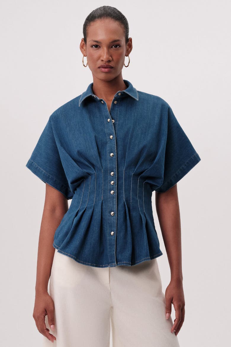 Marisa Collared Short Sleeve Denim Shirt, Main, color, Blue