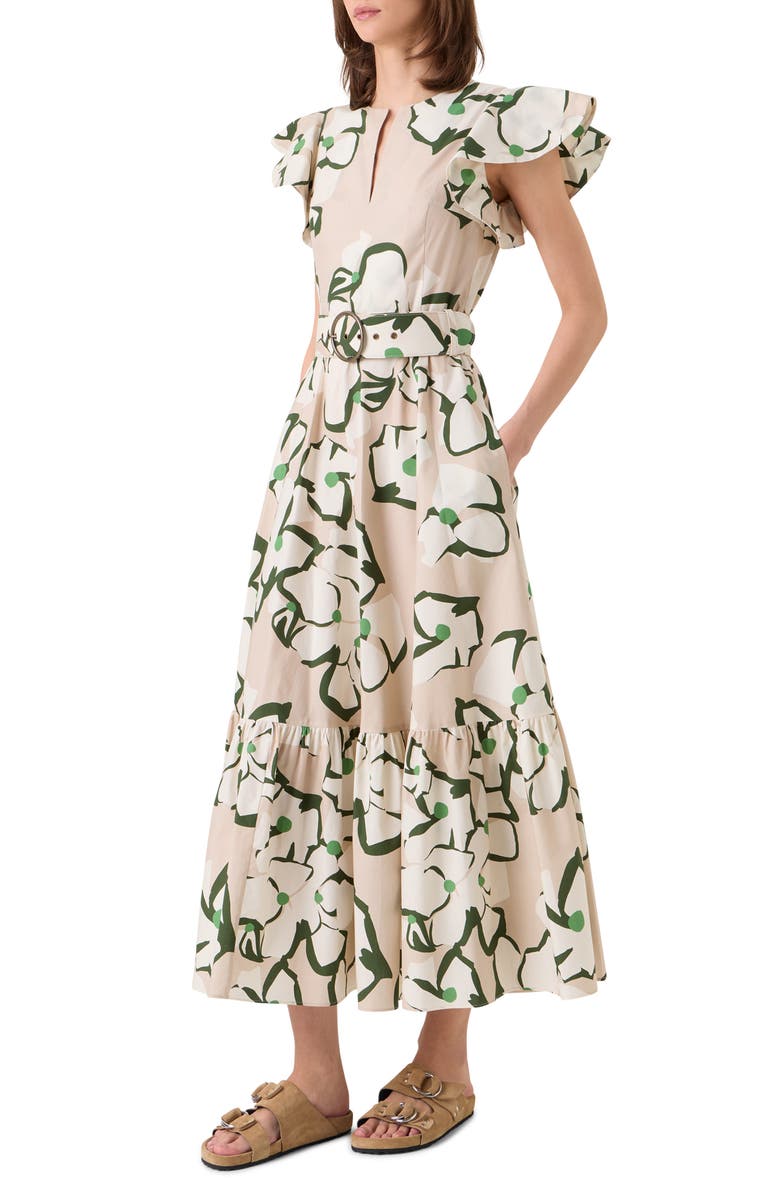 Akris punto Papercut Floral Print Belted Cotton Dress, Alternate, color, Beige-Cream-Olive