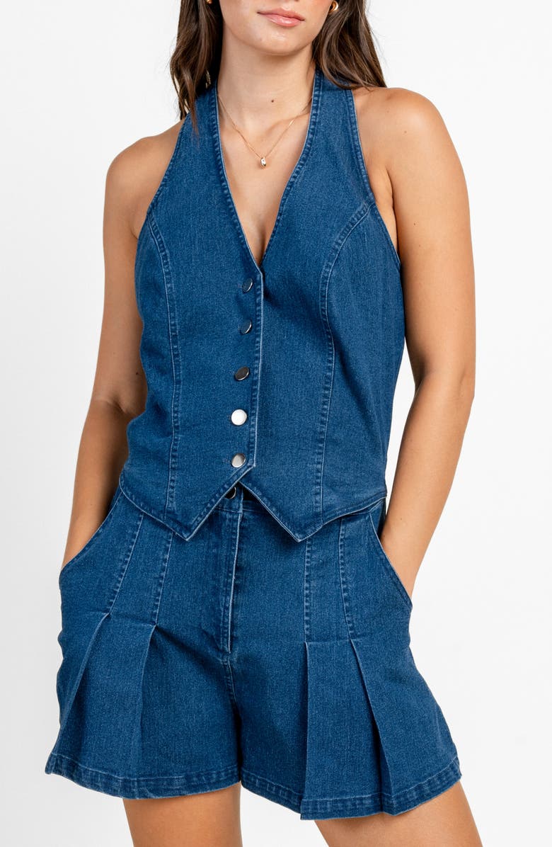 Beivy Stretch Denim Romper, Alternate, color, Deep Blue Denim
