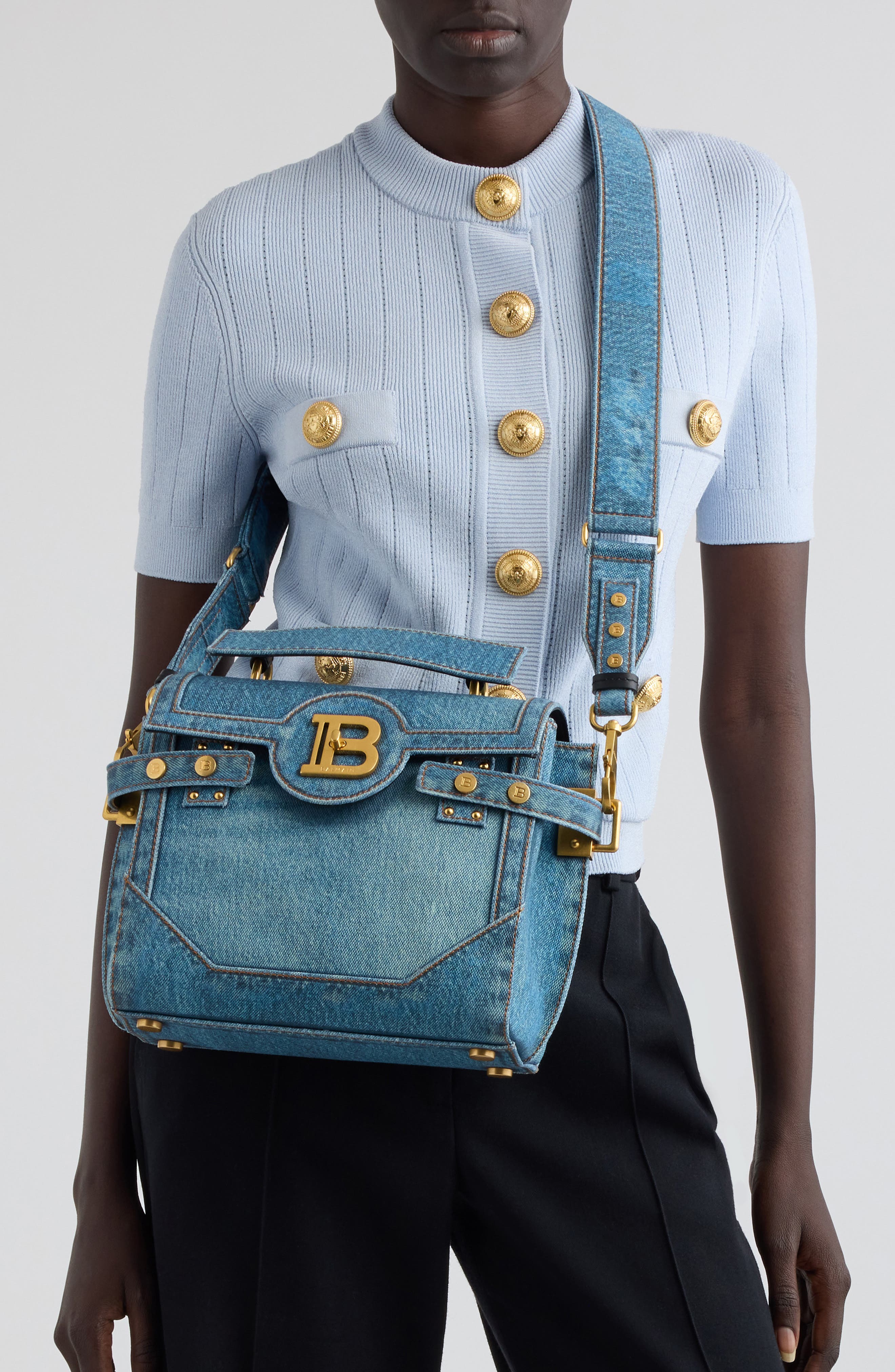 Balmain B-Buzz 23 Denim Top Handle Bag, Alternate, color, 