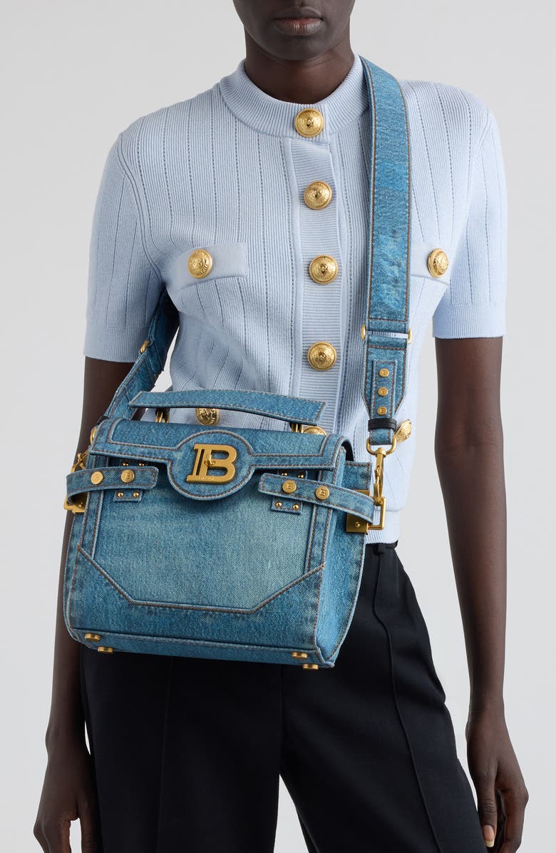Balmain B-Buzz 23 Denim Top Handle Bag, Alternate, color,