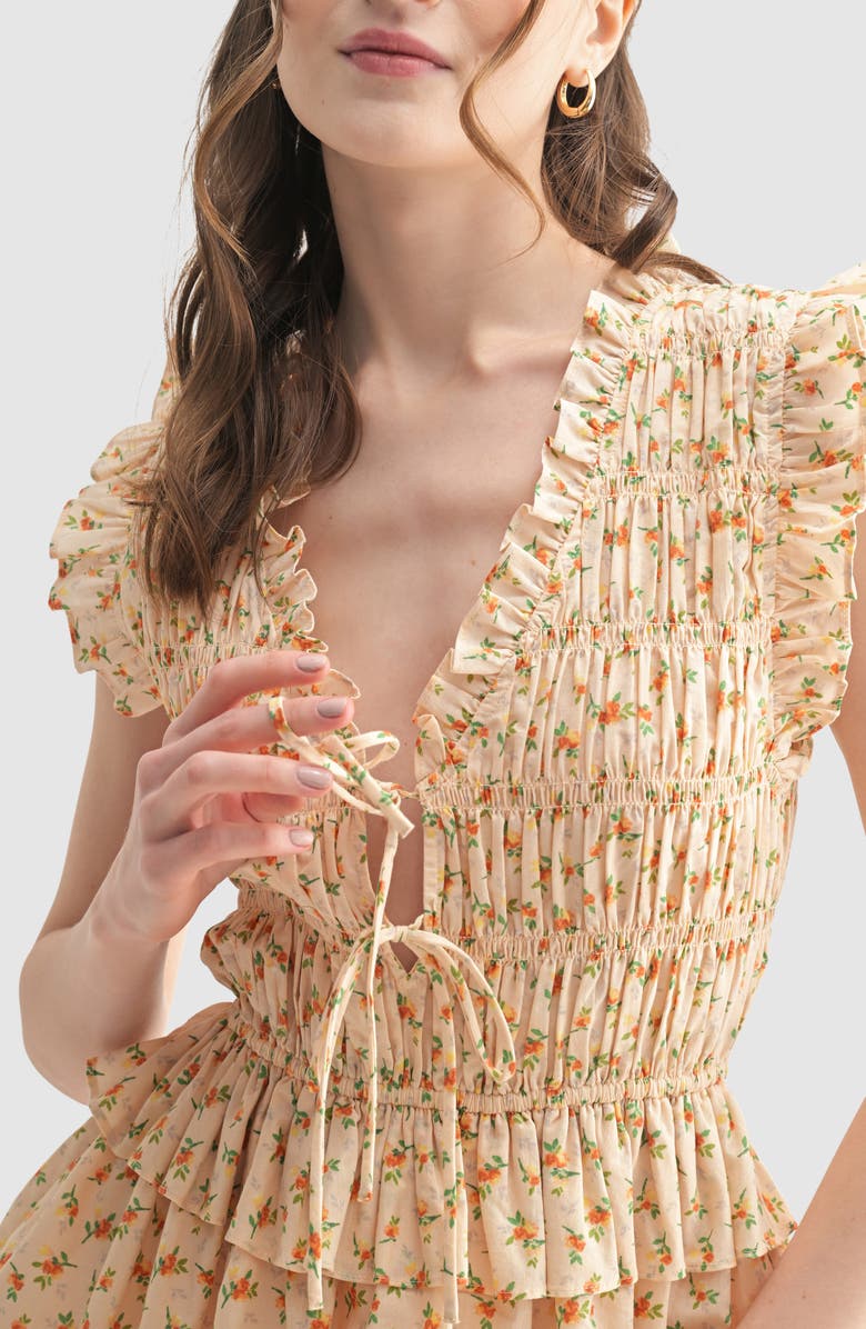 All in Favor Floral Smocked Cotton Fit & Flare Minidress, Alternate, color, Cream Orange