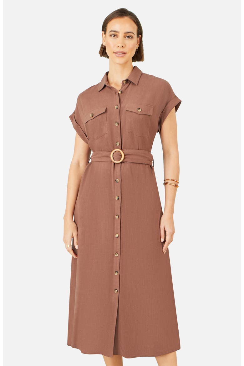Linen Look Midi Shirt Dress, Main, color, Brown