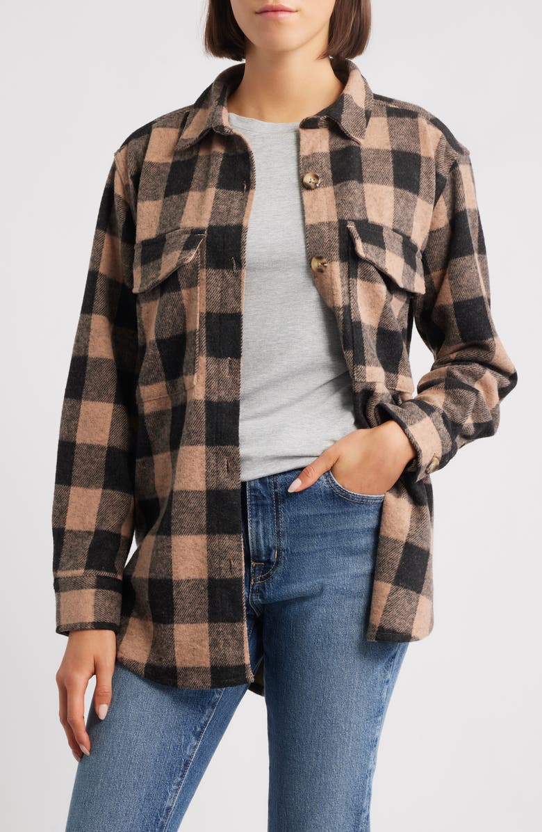 beachlunchlounge Taelyn Buffalo Plaid Oversize Button-Up Shirt, Main, color, Tan/ Black