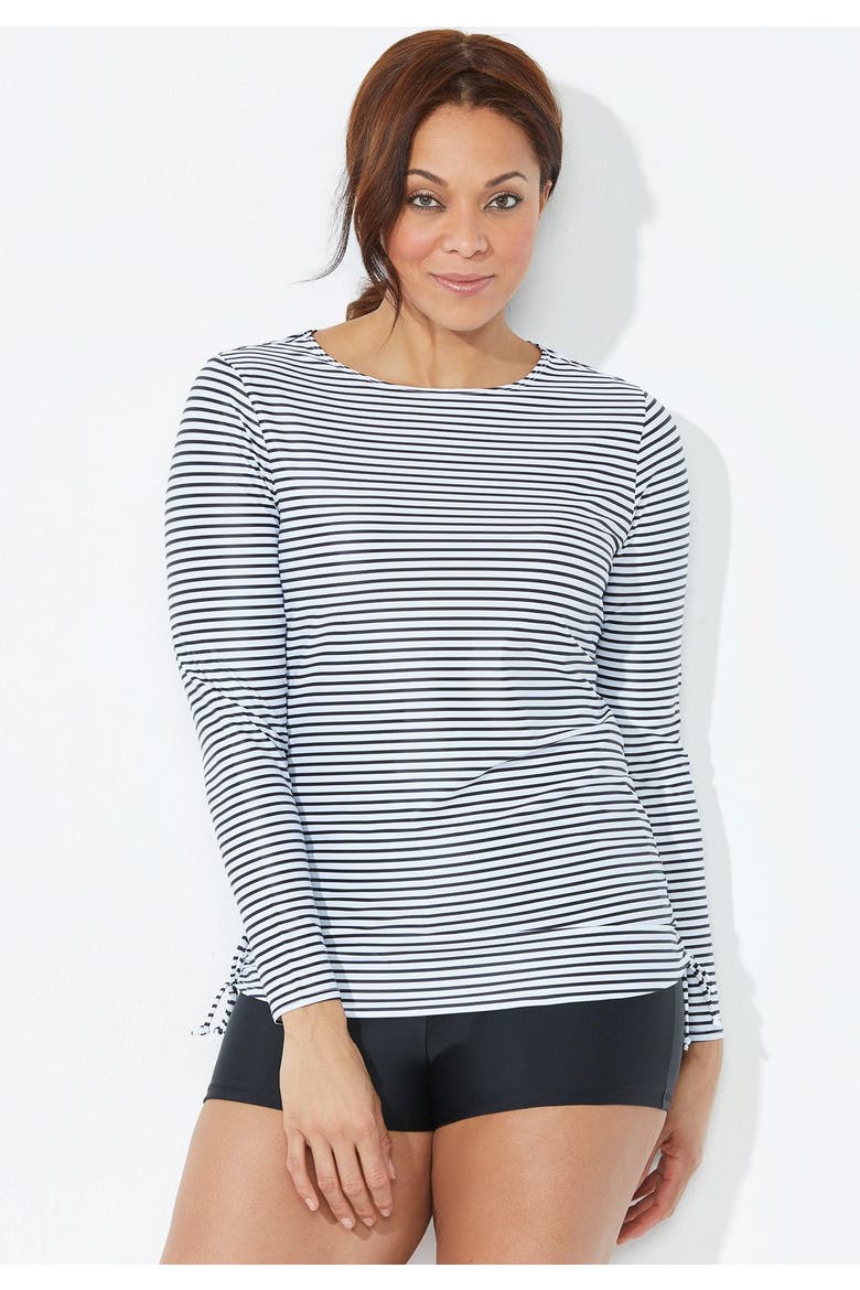 Chlorine Resistant Side-Tie Long Sleeve Swim Shirt Rash Guard, Alternate, color, Fire Coral Stripe