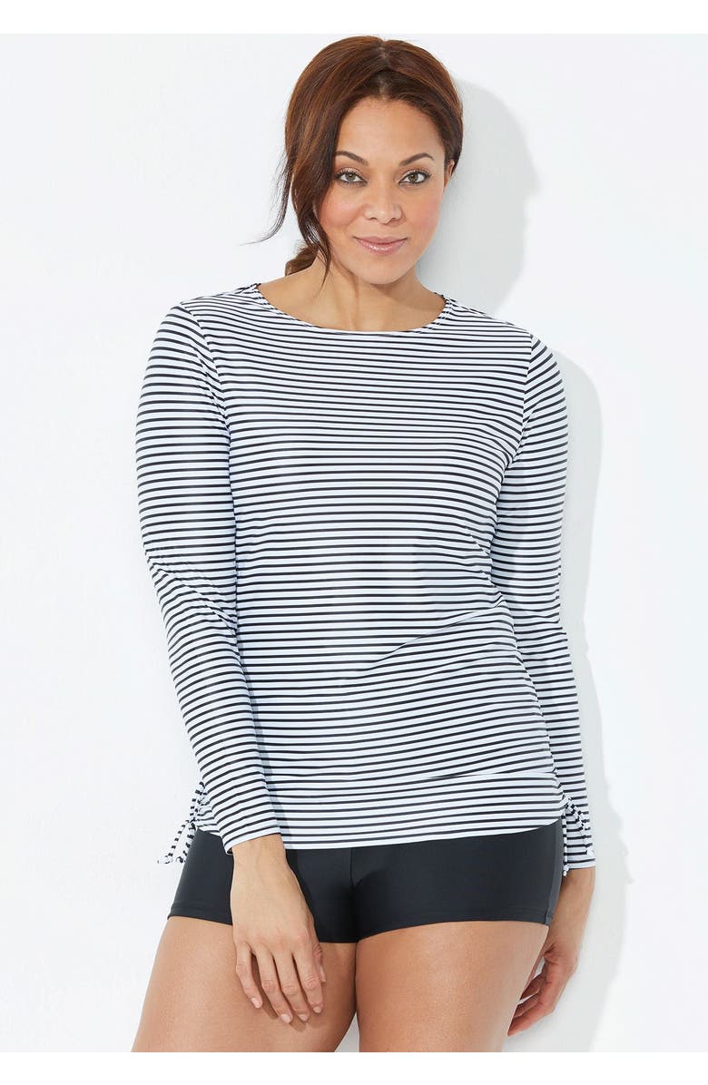 Swimsuits for All Chlorine Resistant Side-Tie Long Sleeve Swim Shirt Rash Guard, Alternate, color, Black Stripe