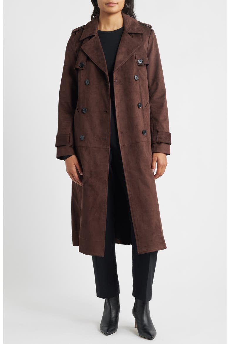 Belted Double Breasted Faux Leather Trench Coat, Alternate, color, CHOCOLATE