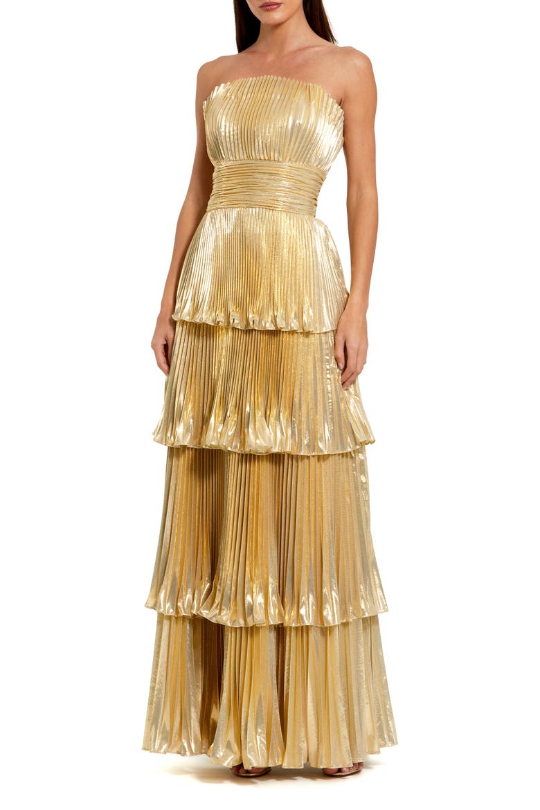 Petite Strapless Metallic Pleated Tiered Gown, Main, color, Gold