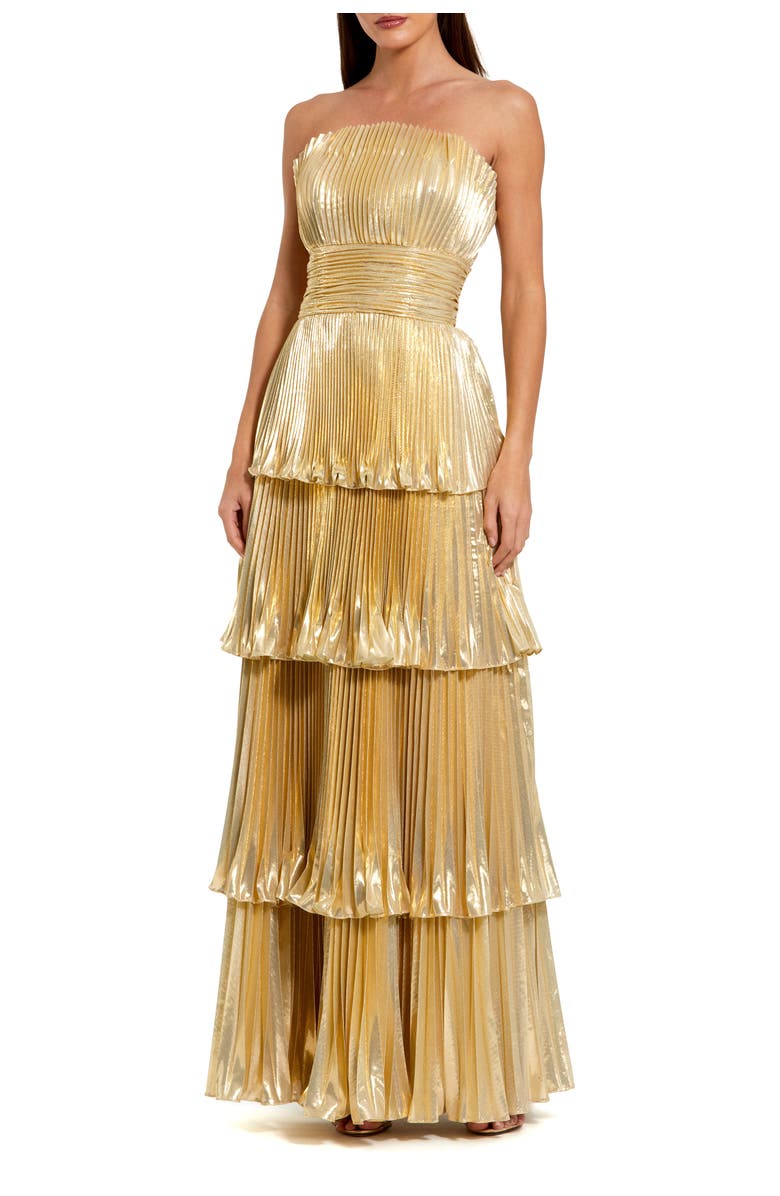 Mac Duggal Petite Strapless Metallic Pleated Tiered Gown, Main, color, Gold