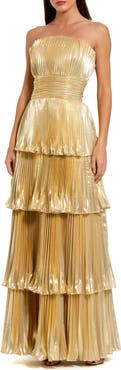 Mac Duggal Petite Strapless Metallic Pleated Tiered Gown